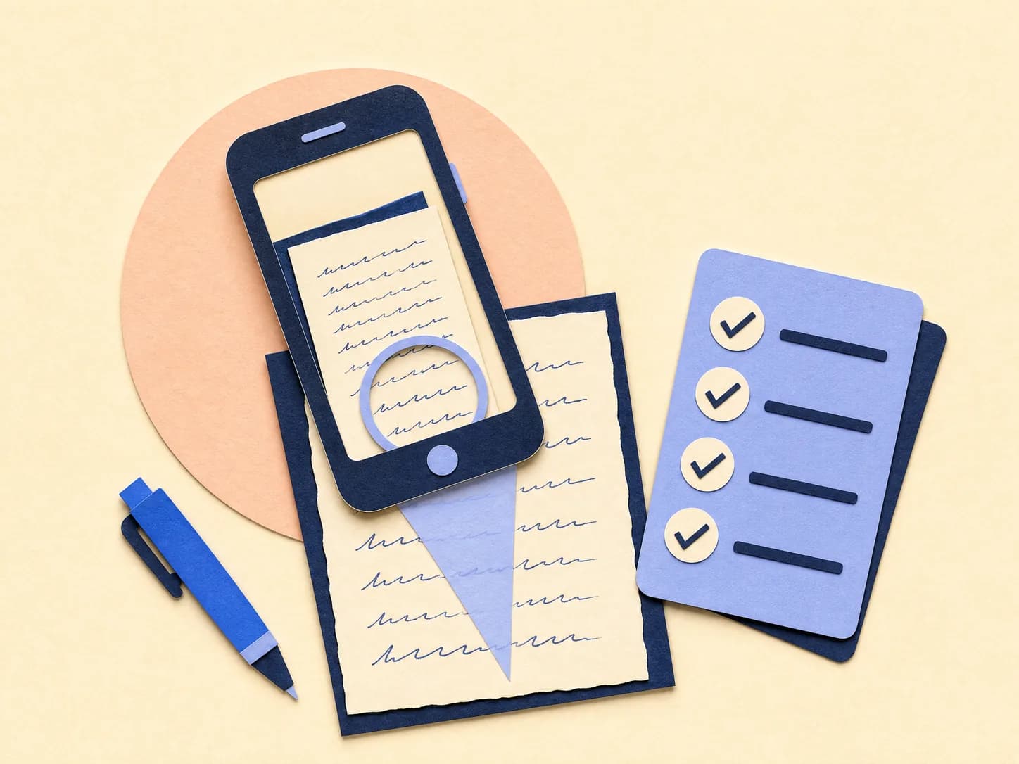 Paper illustration of a phone photographing a page of handwritten working beside a checklist of ticked marking points