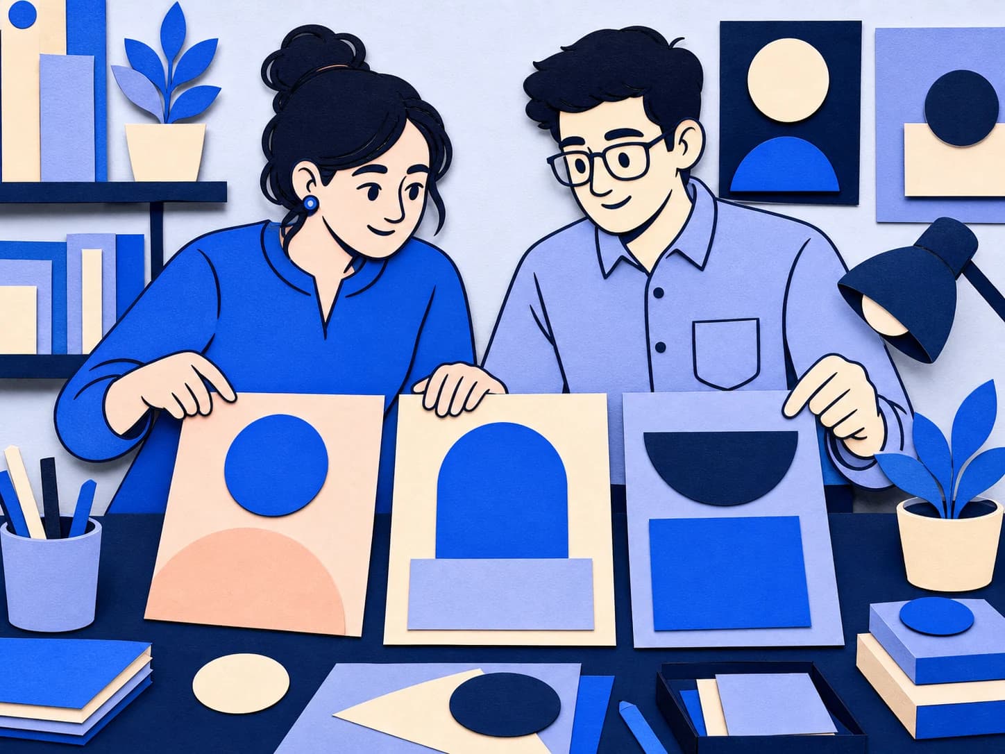Paper illustration of two education support team members sorting contact topics