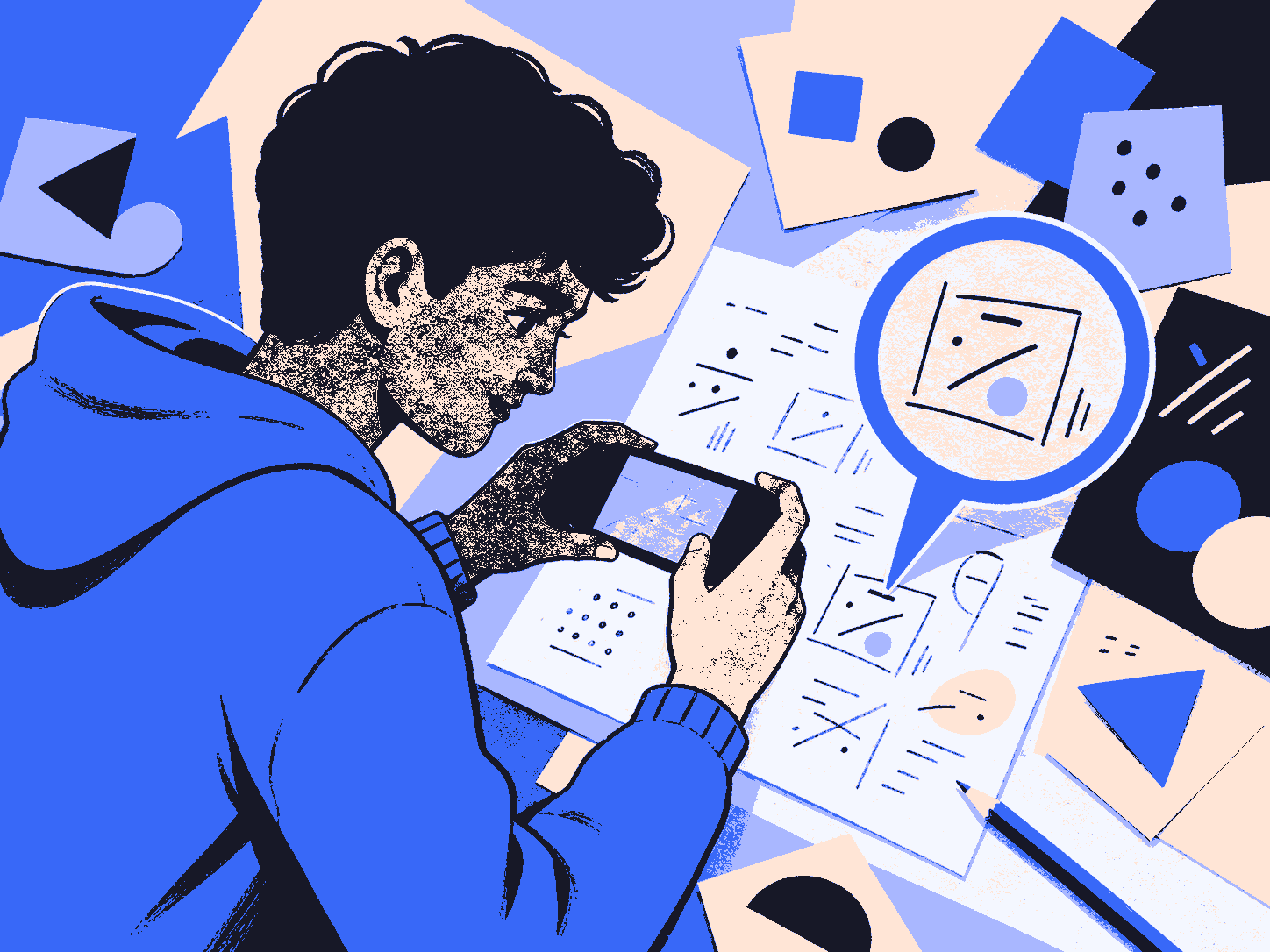 Paper illustration of a student checking a method step