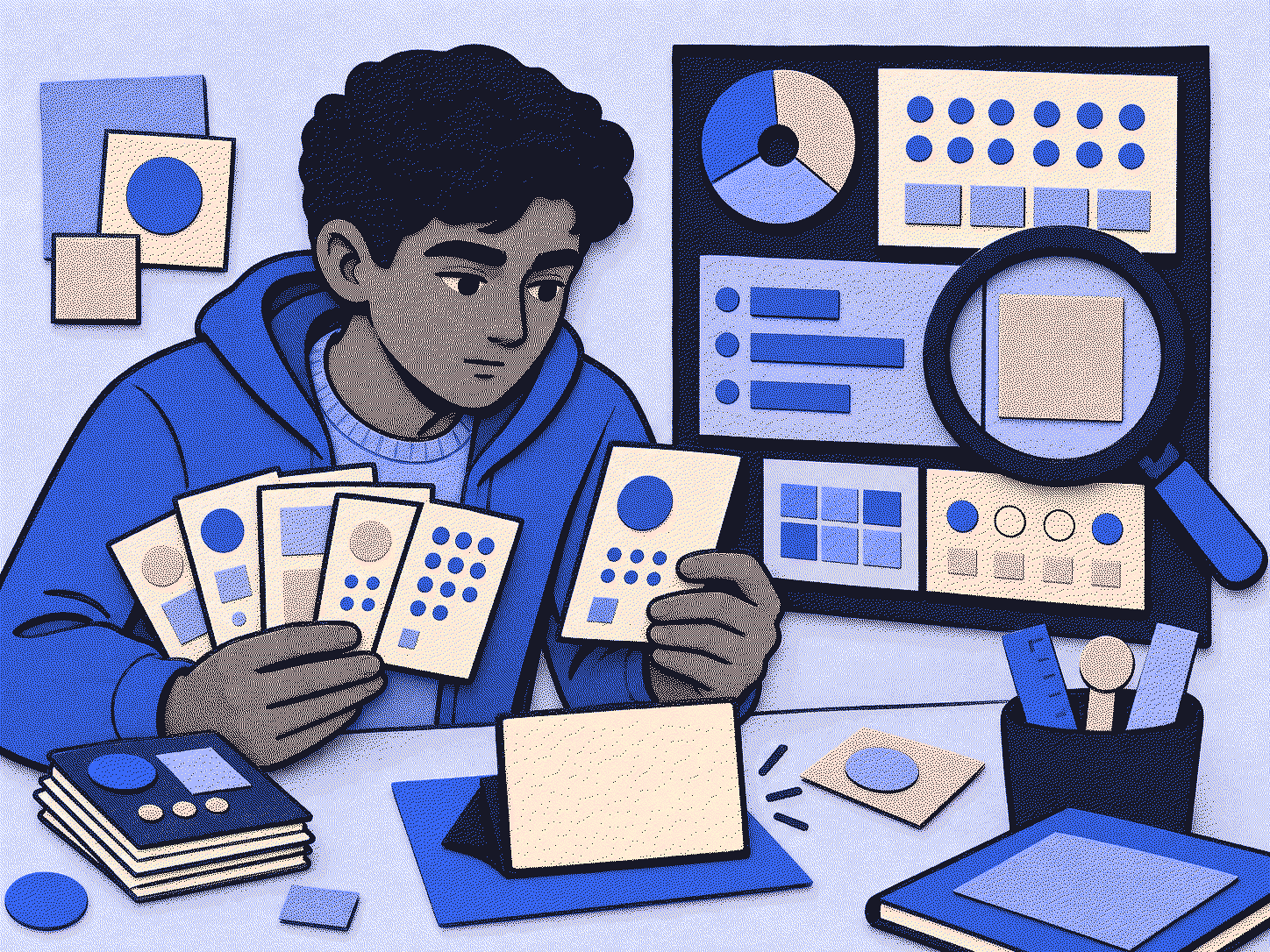 Paper illustration of a student reviewing attempts and identifying one exact gap