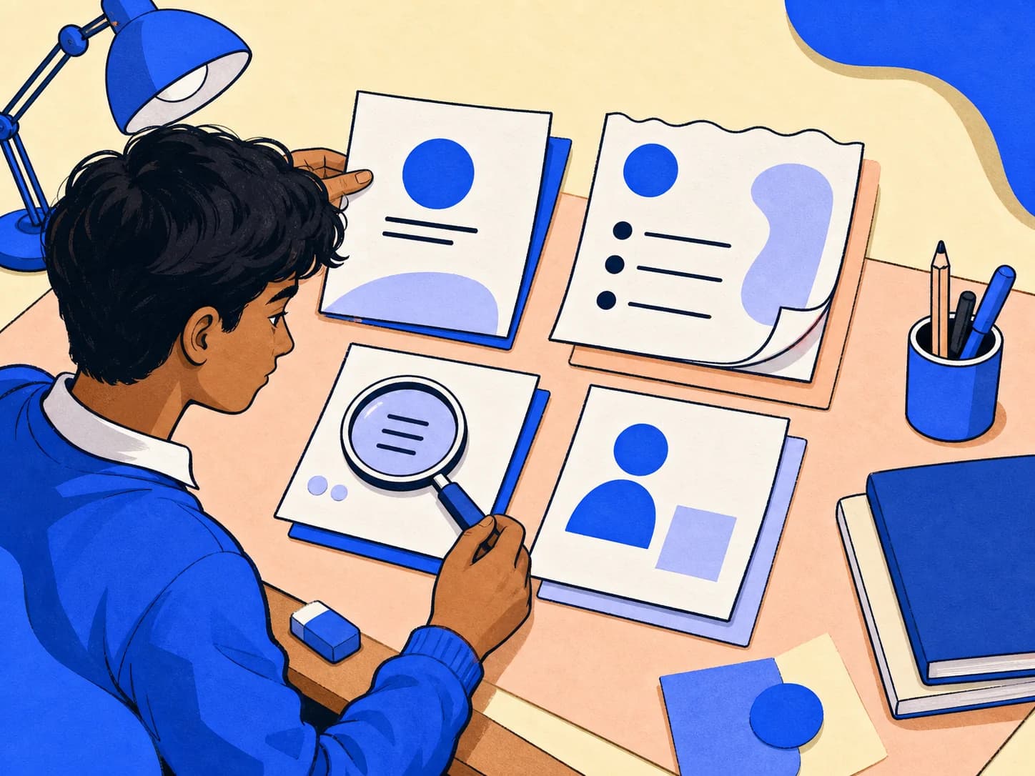 Paper illustration of a learner reviewing a connected study evidence system